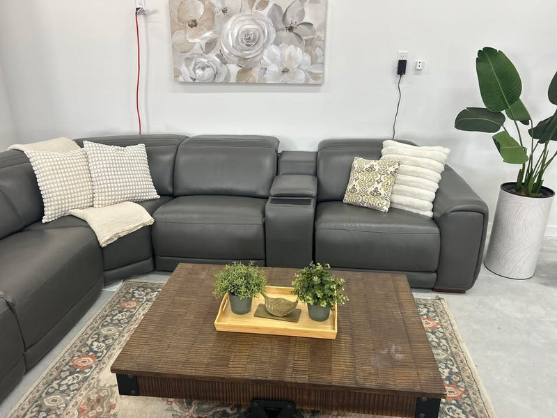 Karson Gray Leather Power Reclining Sectional with Power Headrests & USB Ports – Leather Living Room Sectional