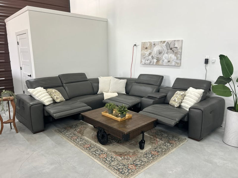 Karson Gray Leather Power Reclining Sectional with Power Headrests & USB Ports – Leather Living Room Sectional