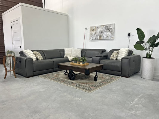 Karson Gray Leather Power Reclining Sectional with Power Headrests & USB Ports – Leather Living Room Sectional